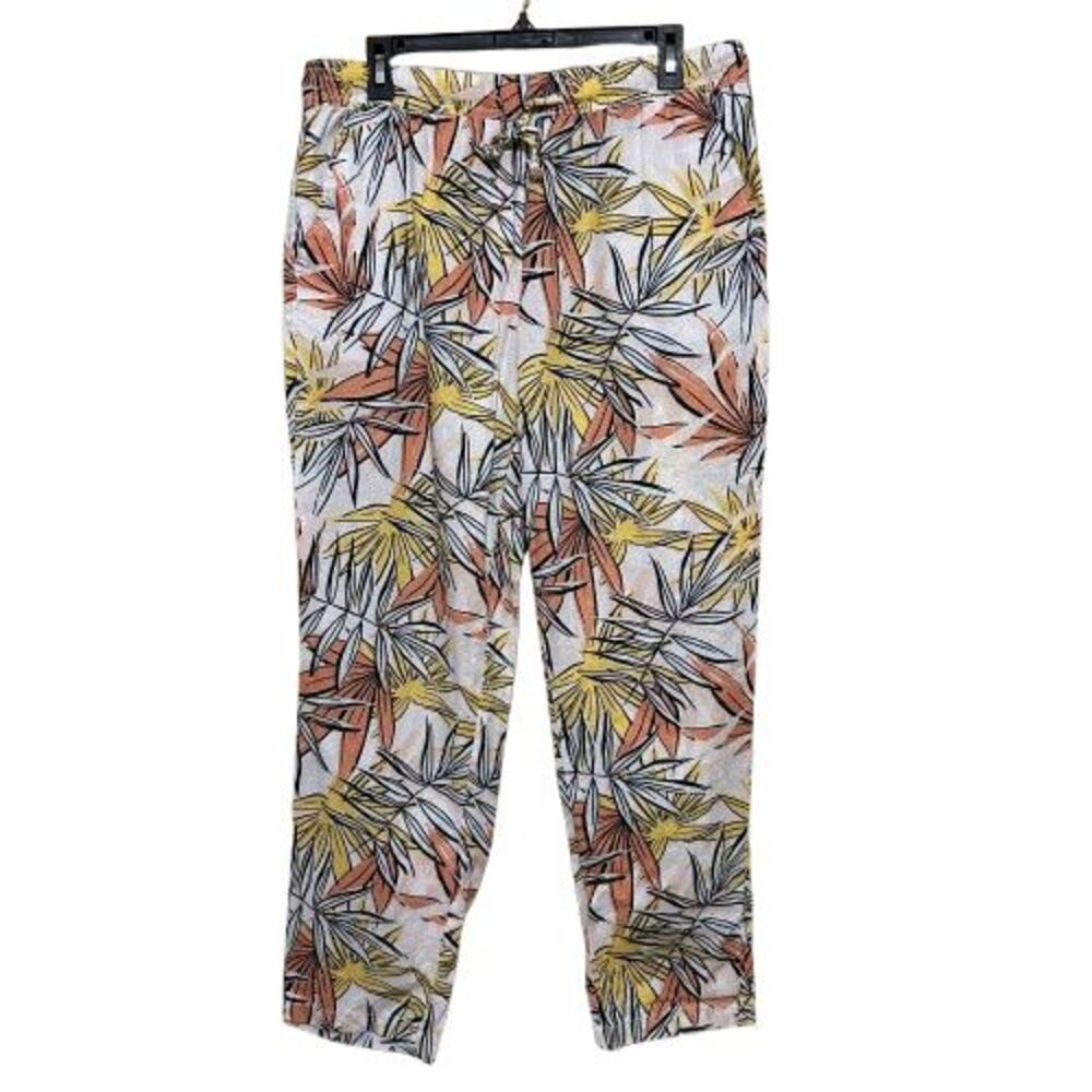 Serra Linen Blend Elastic Waist Pull On Pants Womens Large Floral Leaf Beachy